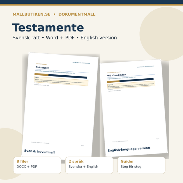 Testamente enligt svensk rätt – Word/PDF med engelsk språkversion och användarguider