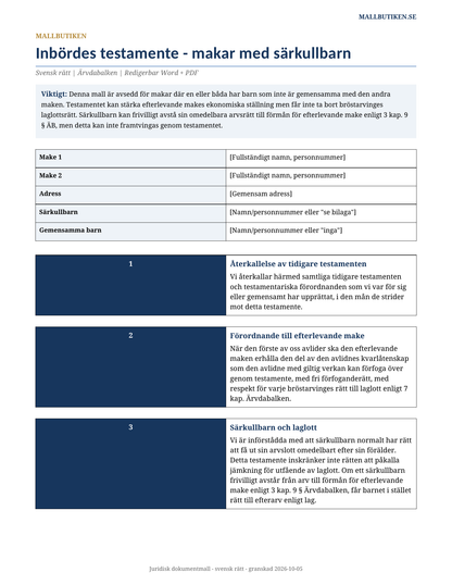 Testamente med särkullbarn makar 2026/2027 laglott fri förfoganderätt Word PDF