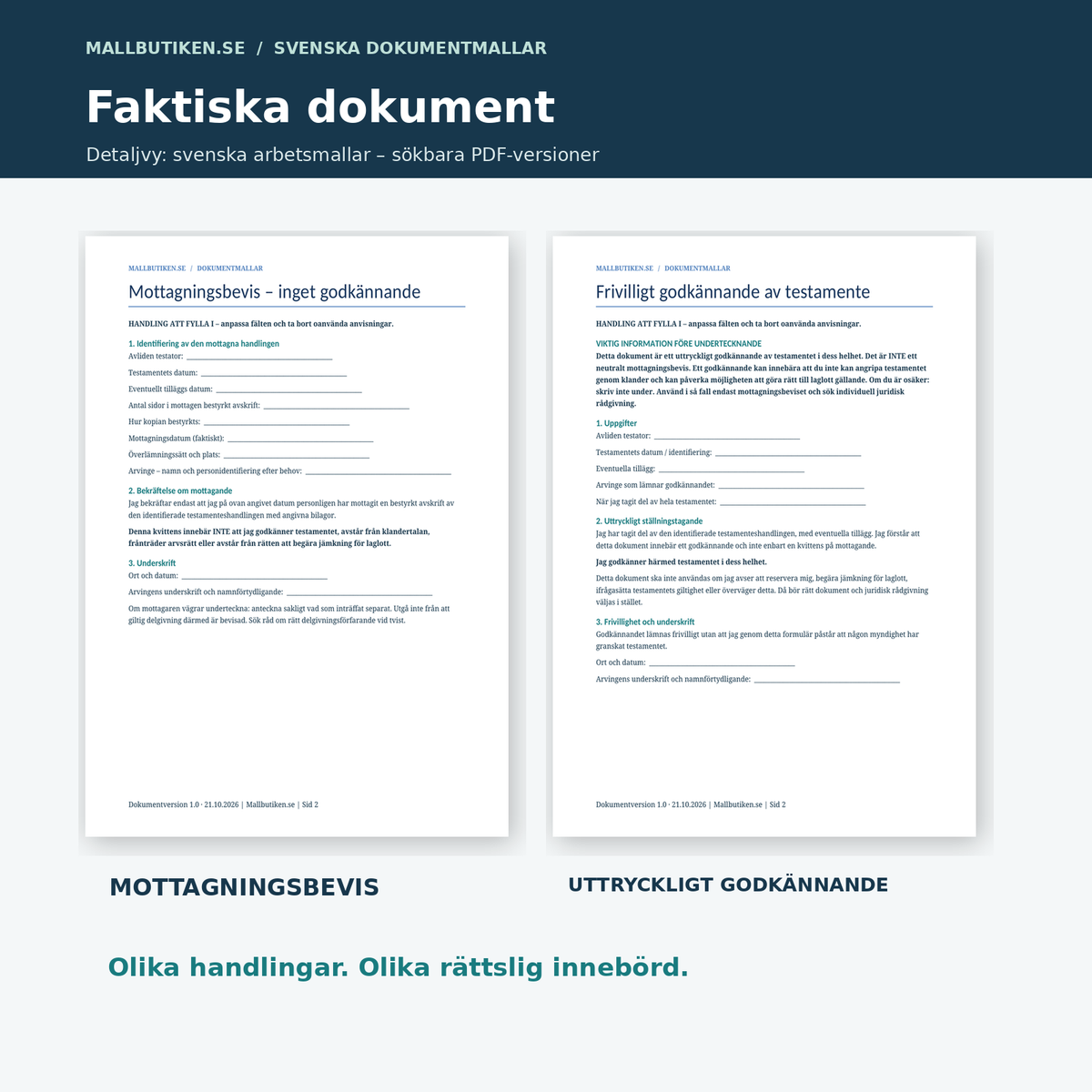 Detaljvisning av mottagningsbevis och godkännande av testamente i svenska dokumentmallar