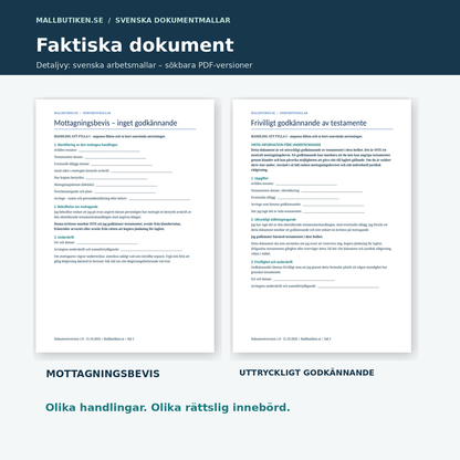 Detaljvisning av mottagningsbevis och godkännande av testamente i svenska dokumentmallar