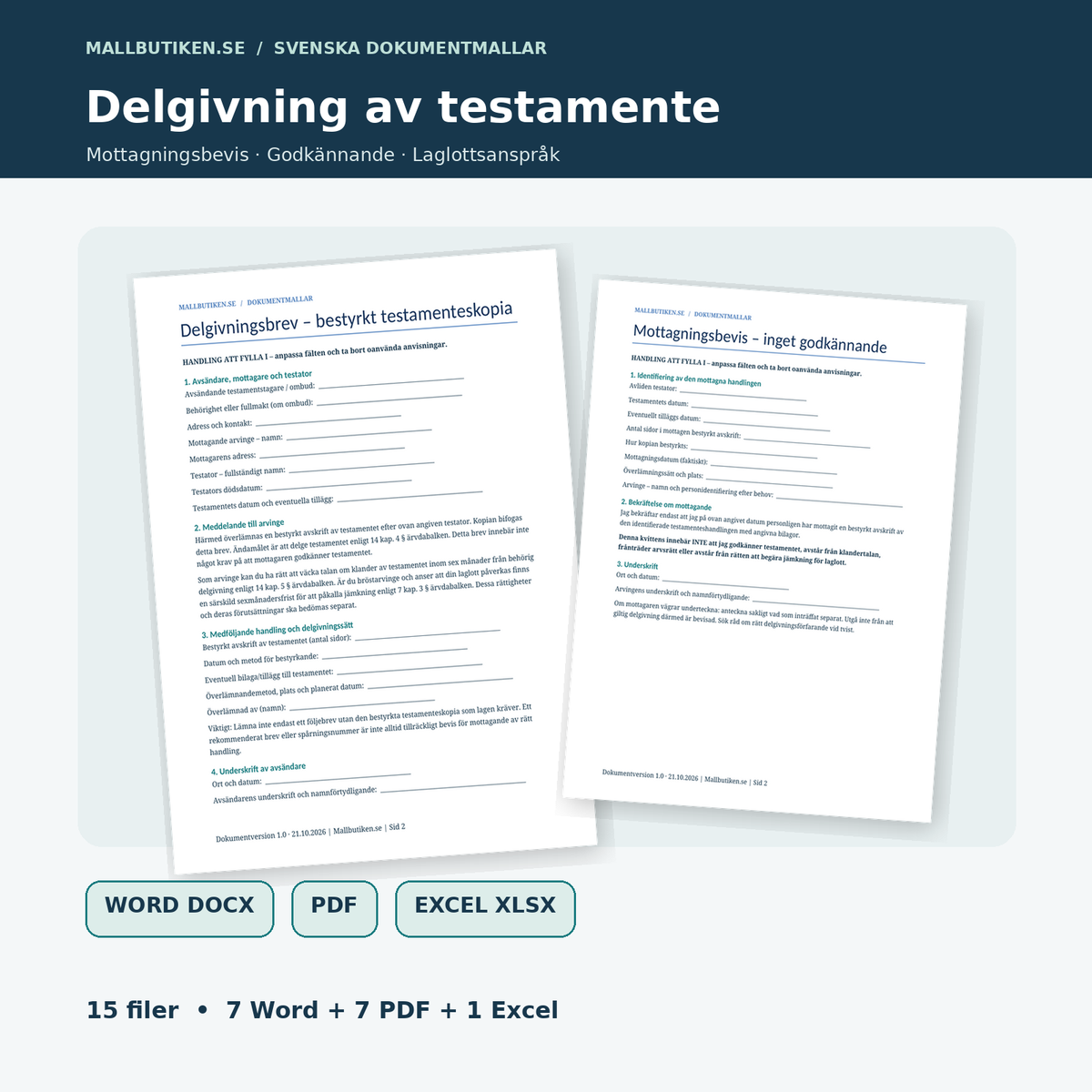 Delgivning av testamente – två autentiska dokumentförhandsvisningar, Word PDF och Excel