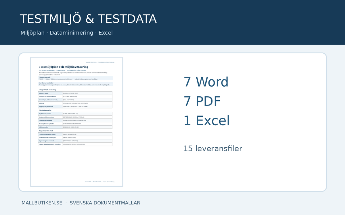 Testmiljö och testdatahantering – huvudbild med 7 Word-, 7 PDF- och 1 Excel-fil