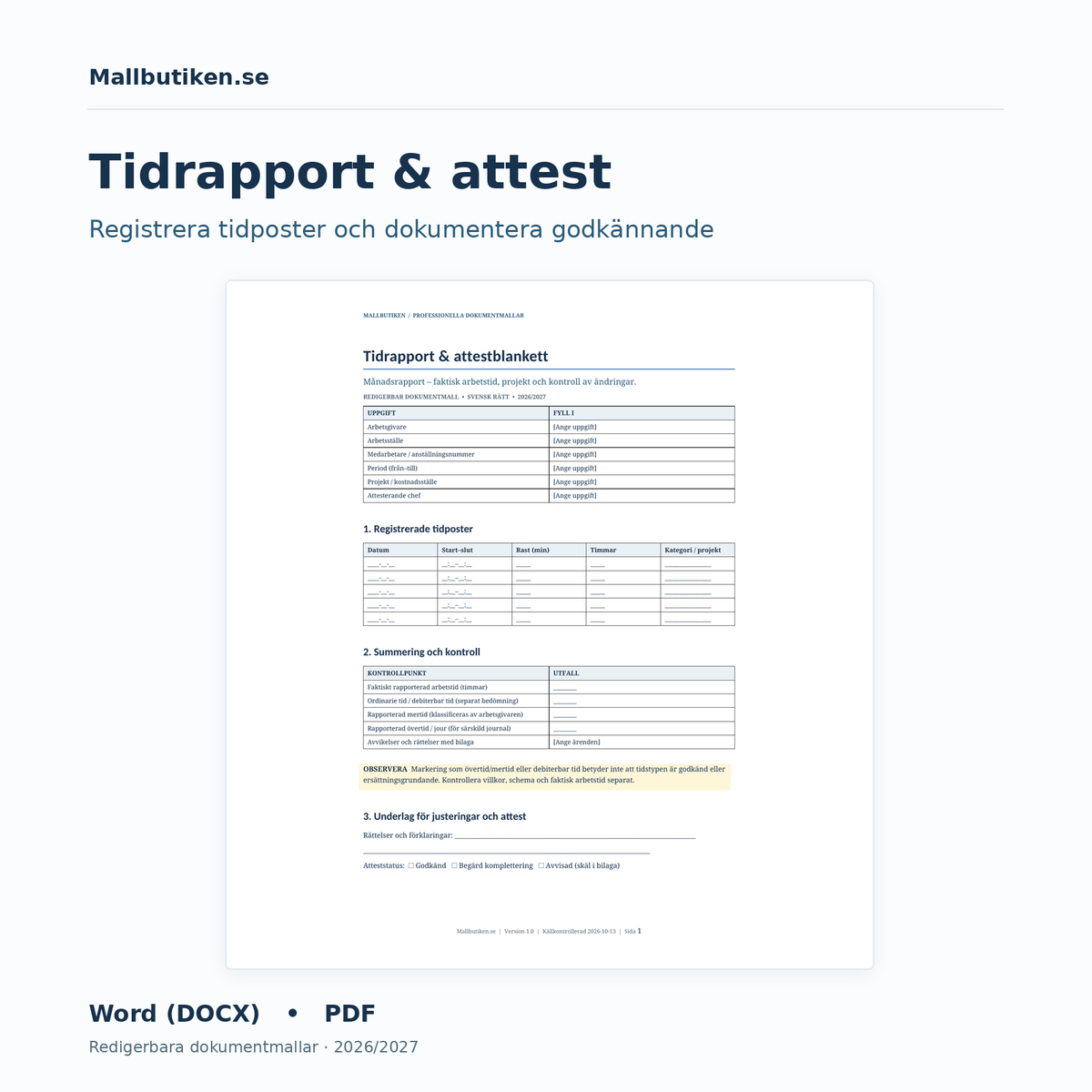 Tidrapport och attestblankett – redigerbar Word och PDF