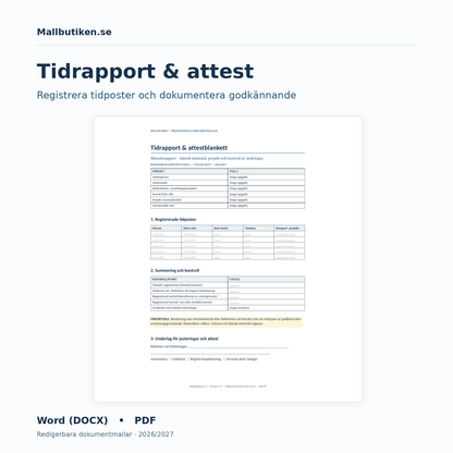 Tidrapport och attestblankett – redigerbar Word och PDF