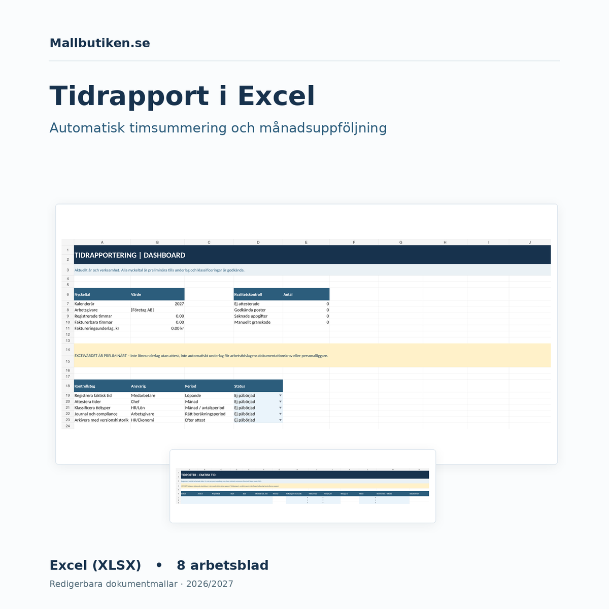 Excel för tidrapportering – registrering av arbetade timmar och månadsöversikt
