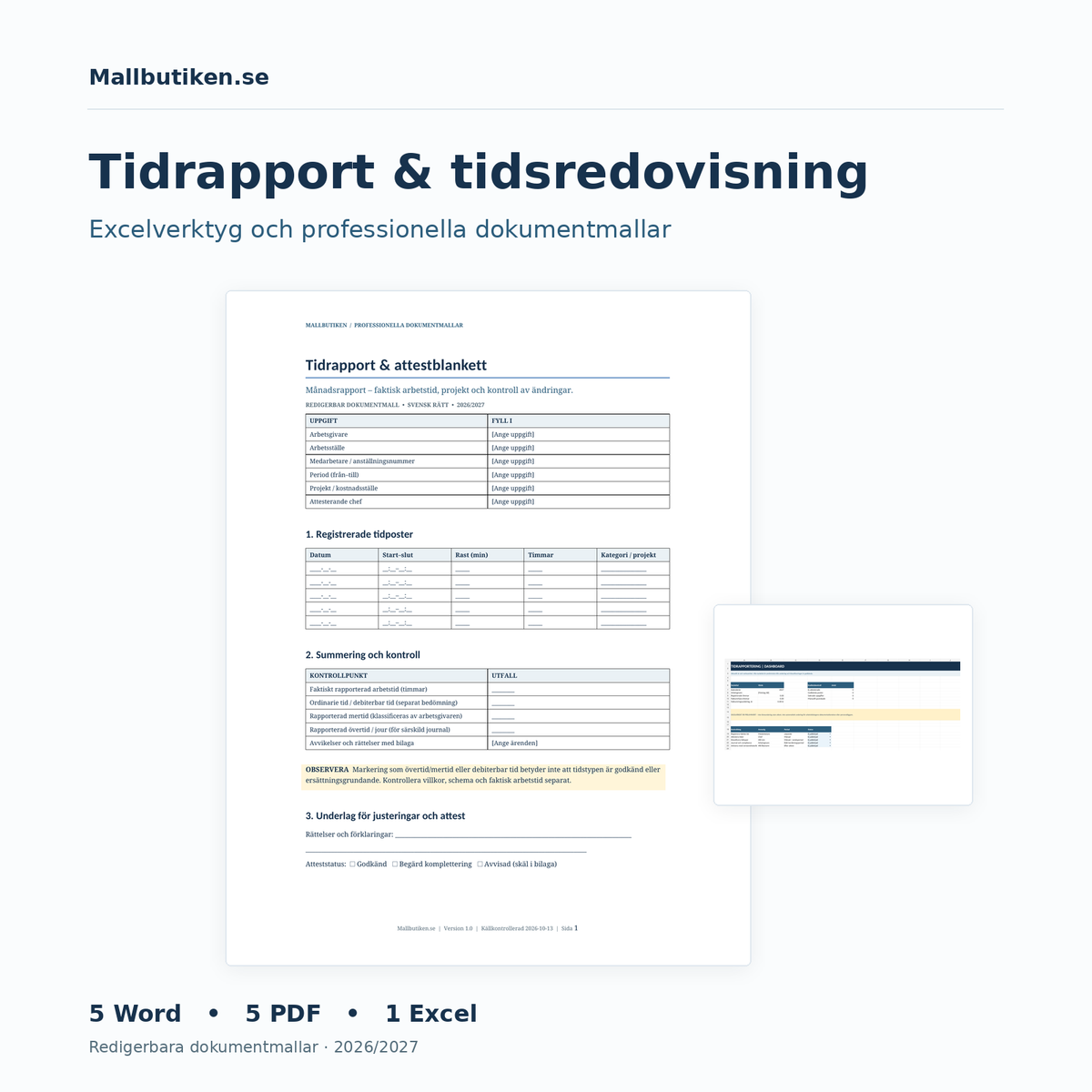 Tidrapport och tidsredovisning 2026/2027 – Excel Word PDF mallpaket