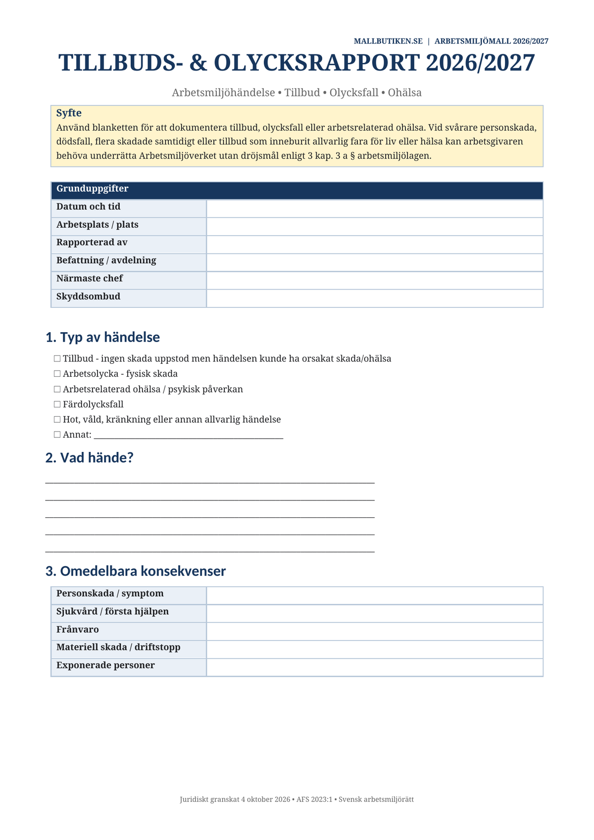 Tillbudsrapport arbetsolycka 2026/2027 AFS 2023:1 Word PDF