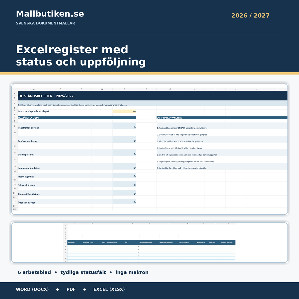 Excelregister med 150 tillstånd, 200 villkor och 150 kontrollaktiviteter