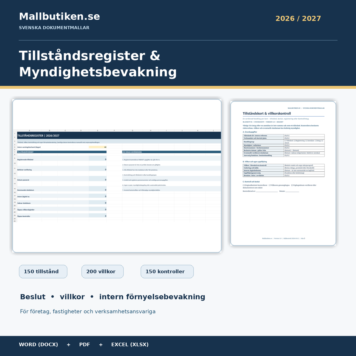 Tillståndsregister och myndighetsbevakning 2026/2027 Excel Word och PDF