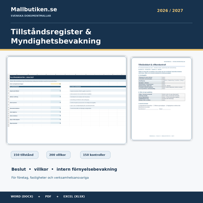 Tillståndsregister och myndighetsbevakning 2026/2027 Excel Word och PDF