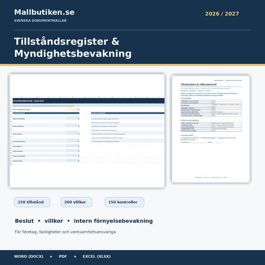 Tillståndsregister och myndighetsbevakning 2026/2027 Excel Word och PDF