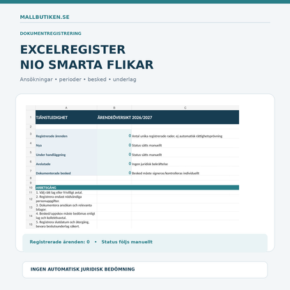 Tjänstledighetsregister Excel nio flikar med ansökningar, ledighetsperioder och arbetsgivarbesked