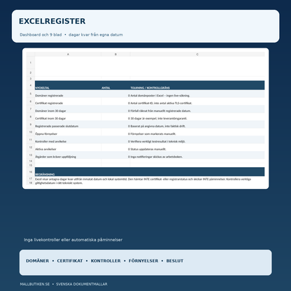 Excelregister med nio blad, förfallsdatum och manuell statusuppföljning