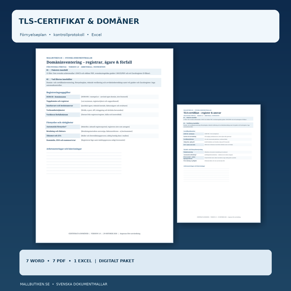 TLS-certifikat och Domänförnyelse – paket med Word, PDF och Excel