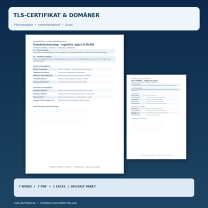 TLS-certifikat och Domänförnyelse – paket med Word, PDF och Excel