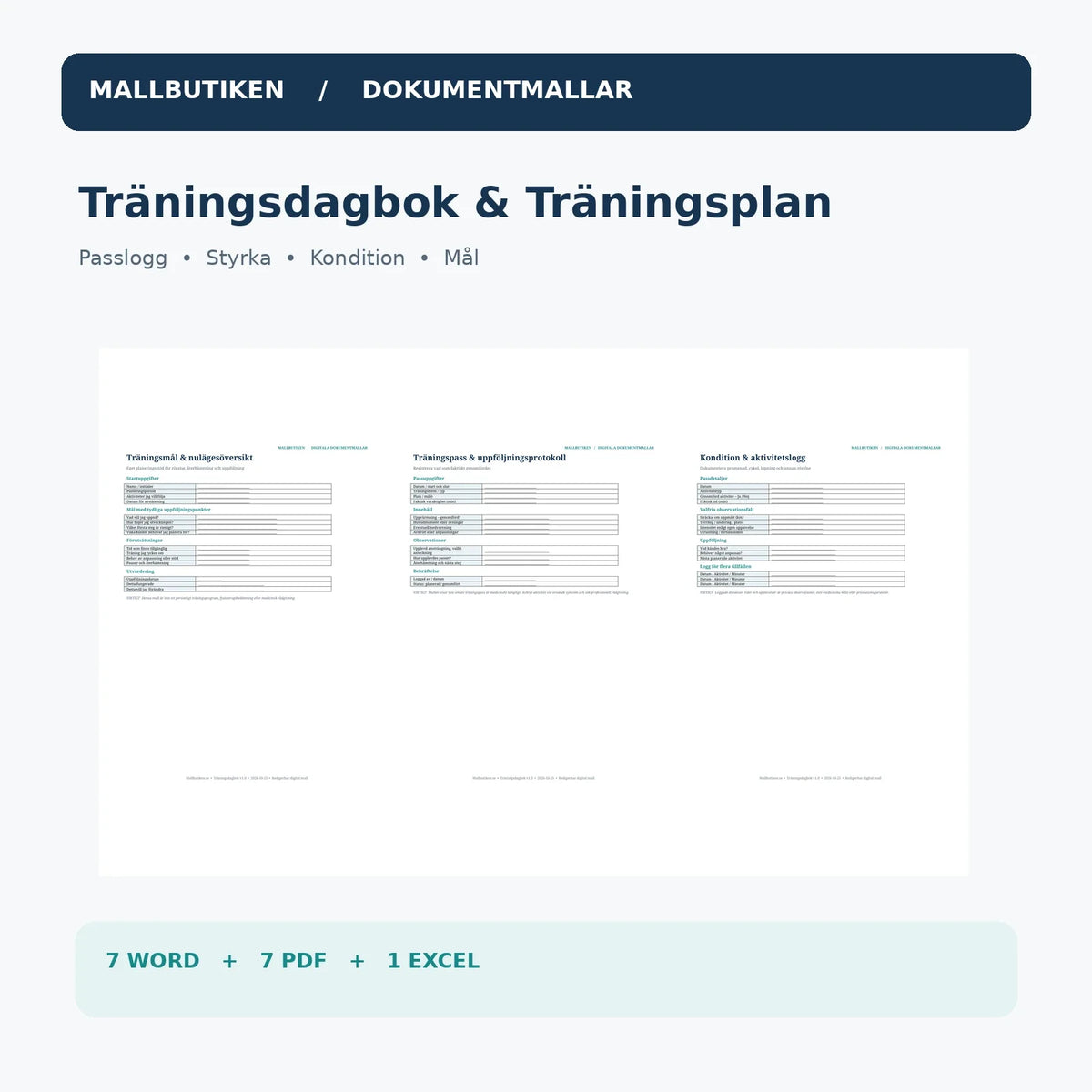 Träningsdagbok och träningsplan med faktiska Word- och PDF-dokument för mål, passlogg och kondition