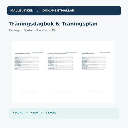 Träningsdagbok och träningsplan med faktiska Word- och PDF-dokument för mål, passlogg och kondition