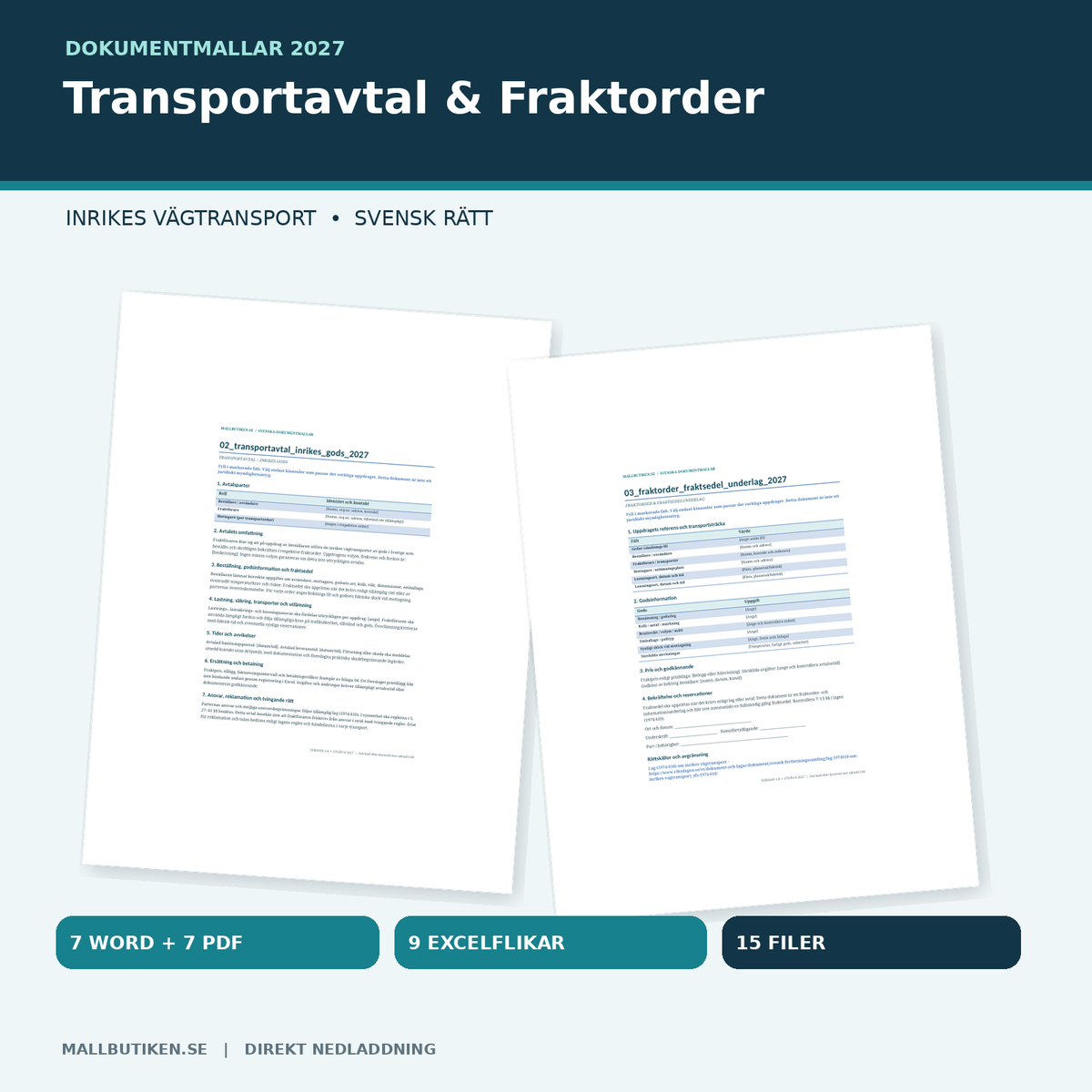 Transportavtal & fraktorder mall 2027 – inrikes vägtransport, Word PDF Excel