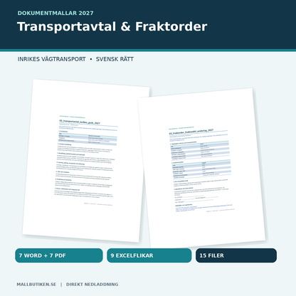 Transportavtal & fraktorder mall 2027 – inrikes vägtransport, Word PDF Excel