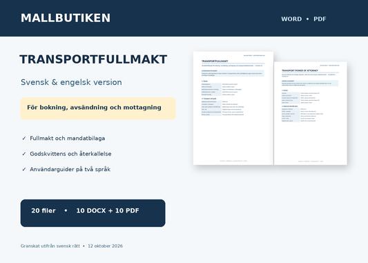 Transportfullmakt med svensk och engelsk Word/PDF-mall, bilagor och guider