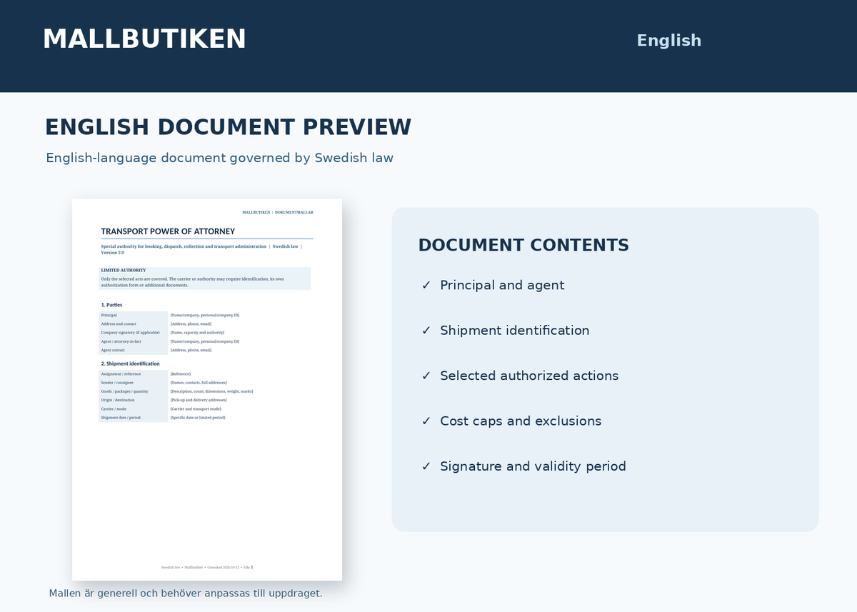 English transport power of attorney governed by Swedish law – document preview