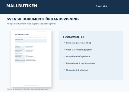 Svensk transportfullmakt – förhandsvisning av verklig dokumentmall