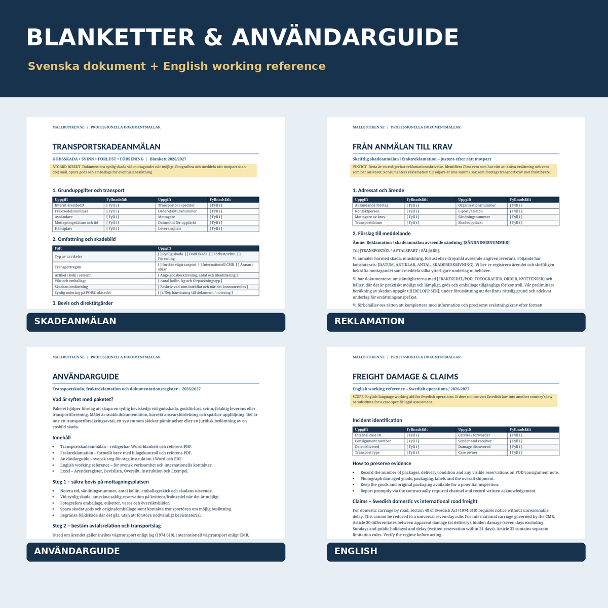 Blankett för transportskada och fraktreklamationsbrev med användarguide Word PDF