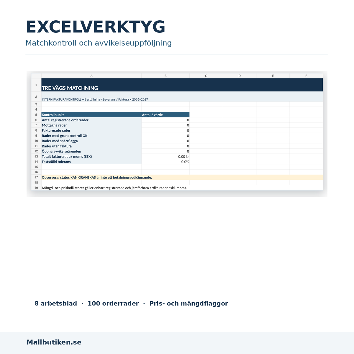 Trevägsmatchning i Excel med översikt, order, faktura, mottagning och avvikelseuppföljning