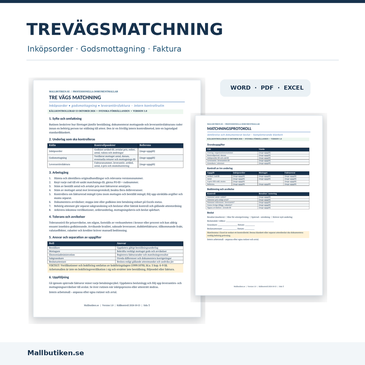 Trevägsmatchning för inköp 2026/2027 – Excel, Word och PDF