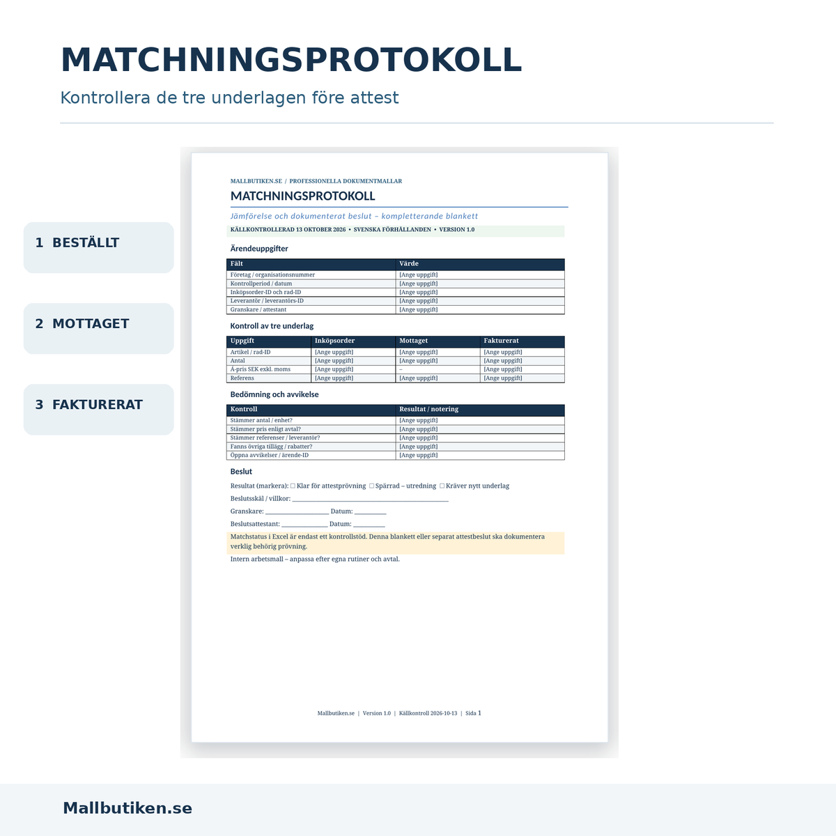 Matchningsprotokoll som visar beställt, mottaget och fakturerat i Word och PDF
