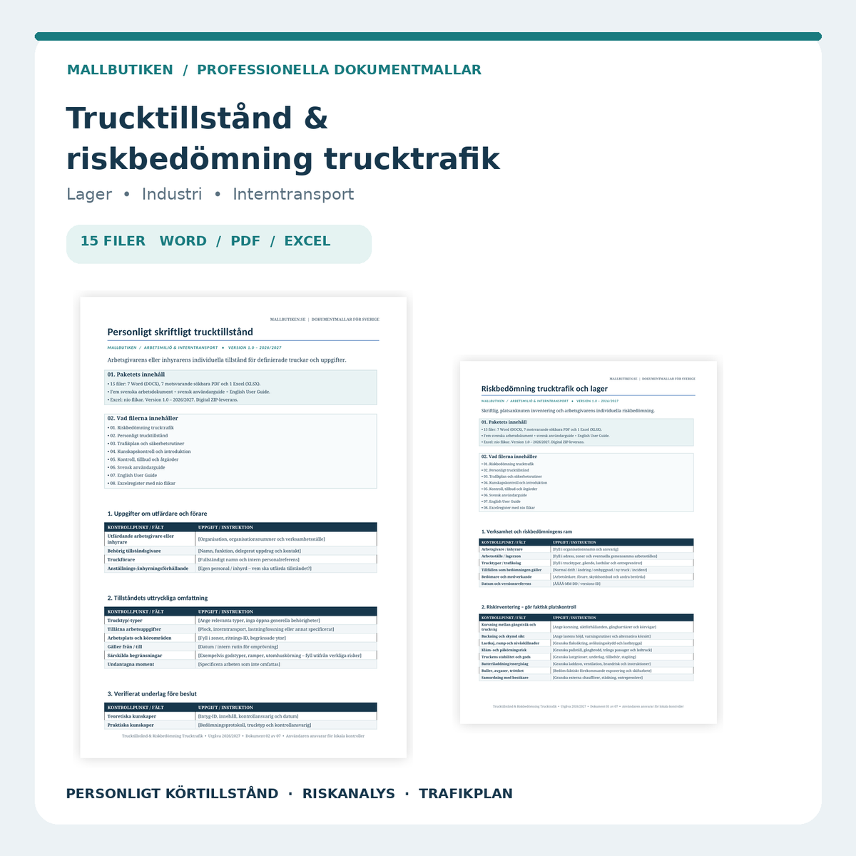 Trucktillstånd och riskbedömning trucktrafik – Word PDF Excel för lager