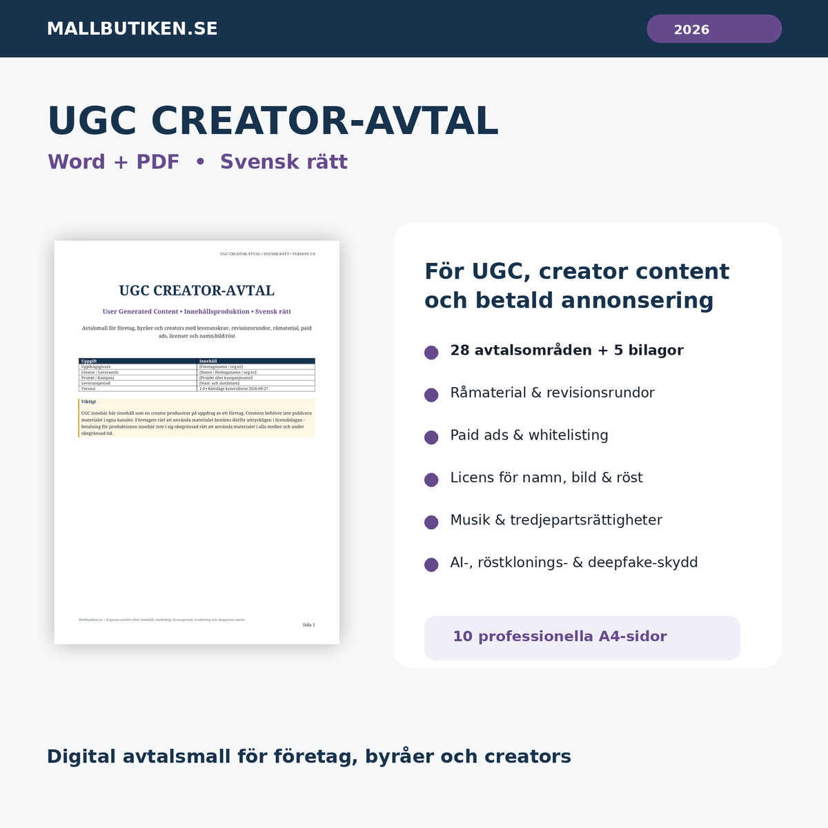 UGC Creator-avtal 2026 i Word och PDF enligt svensk rätt