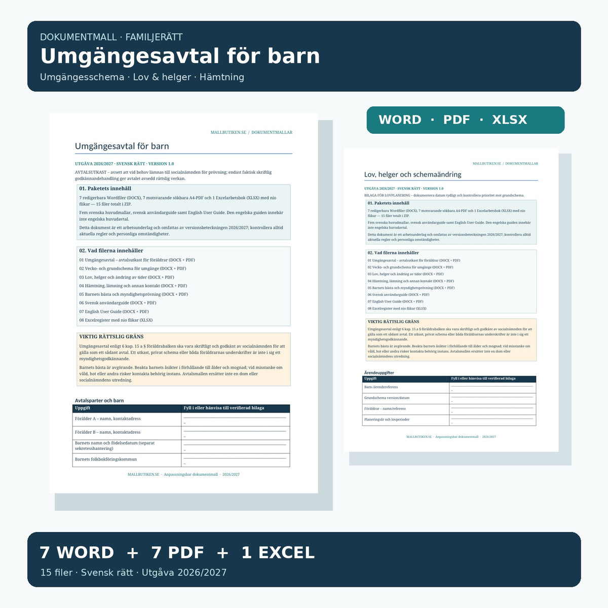 Umgängesavtal barn 2027 – verkliga dokumentförhandsvisningar med avtalsutkast och lovschema i Word PDF Excel