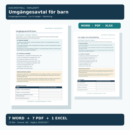 Umgängesavtal barn 2027 – verkliga dokumentförhandsvisningar med avtalsutkast och lovschema i Word PDF Excel