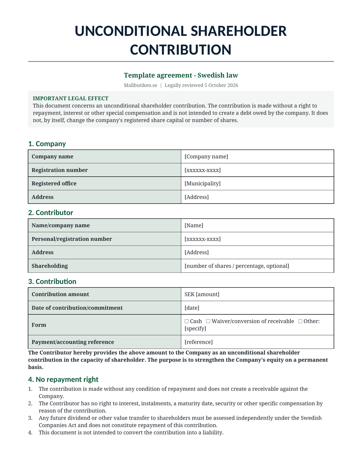 Preview of English unconditional shareholder contribution template under Swedish law