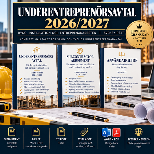 Underentreprenörsavtal mallpaket 2026/2027 i Word och PDF på svenska och engelska enligt svensk rätt