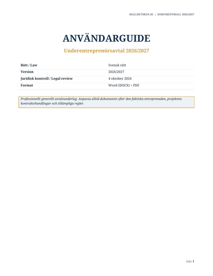 Användarguide till Underentreprenörsavtal 2026/2027