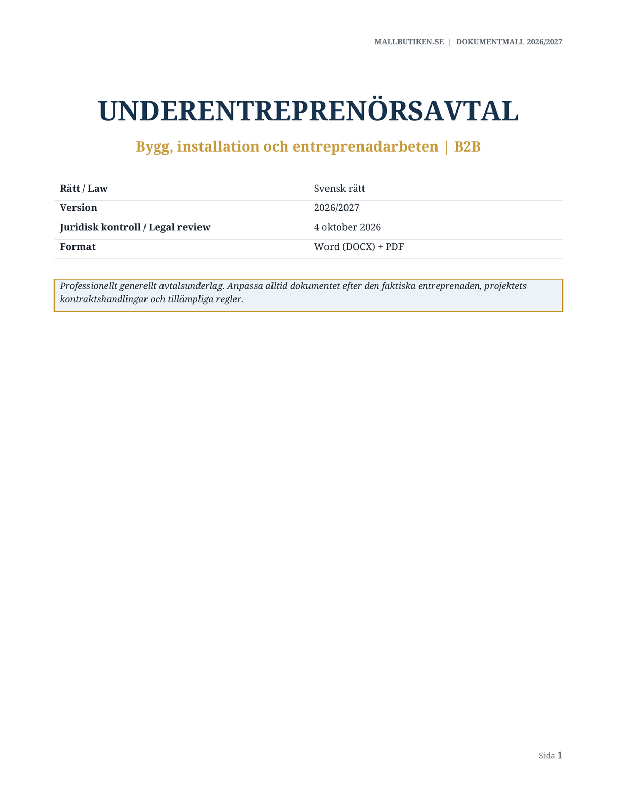 Omslag till svenskt Underentreprenörsavtal 2026/2027 för bygg, installation och entreprenadarbeten