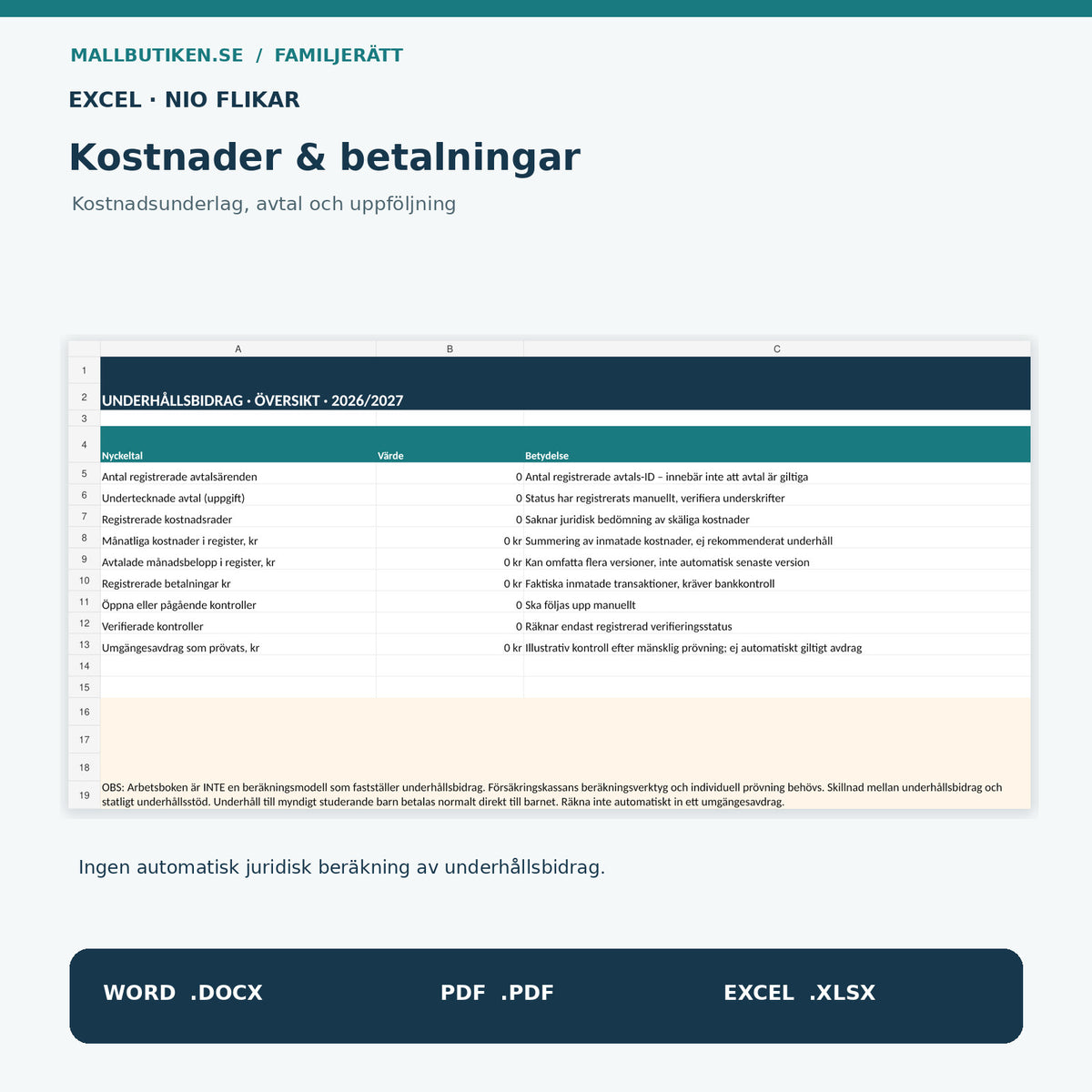 Underhållsbidrag Excel 2027 – verkligt kalkylblad med nio flikar för avtal, kostnader och betalningar