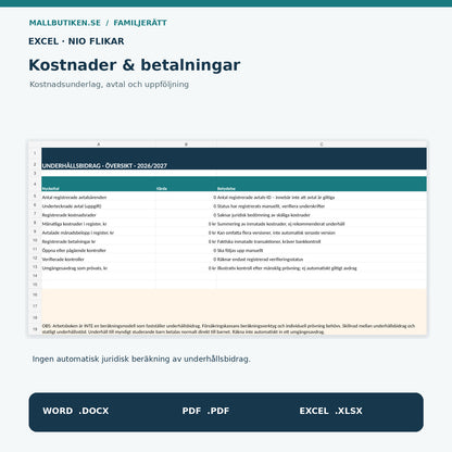 Underhållsbidrag Excel 2027 – verkligt kalkylblad med nio flikar för avtal, kostnader och betalningar
