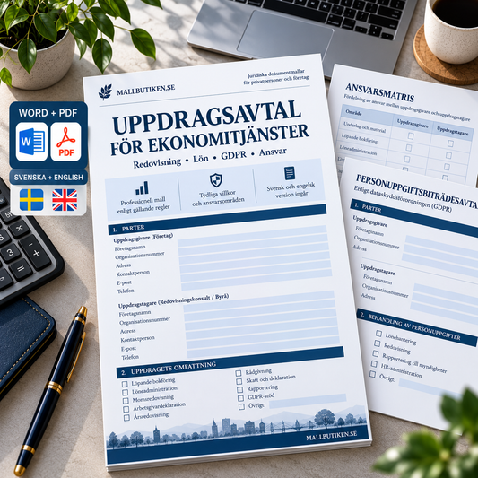 Uppdragsavtal ekonomitjänster – Word/PDF för redovisningsbyrå med GDPR och svenska engelska versioner