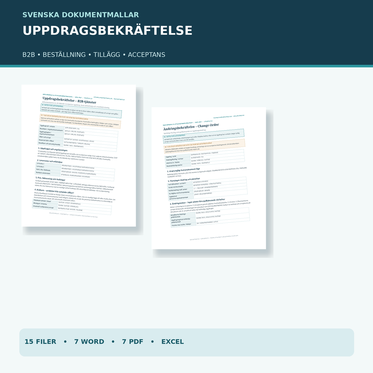Uppdragsbekräftelse mall B2B Word PDF Excel – verkliga dokumentvyer 2026/2027