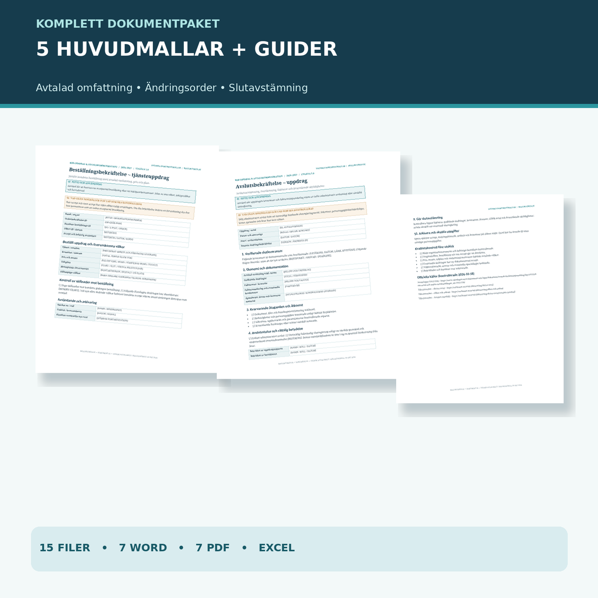 Uppdragsbekräftelse paket – beställningsbekräftelse, ändringsorder, leveranskvittens och slutavstämning