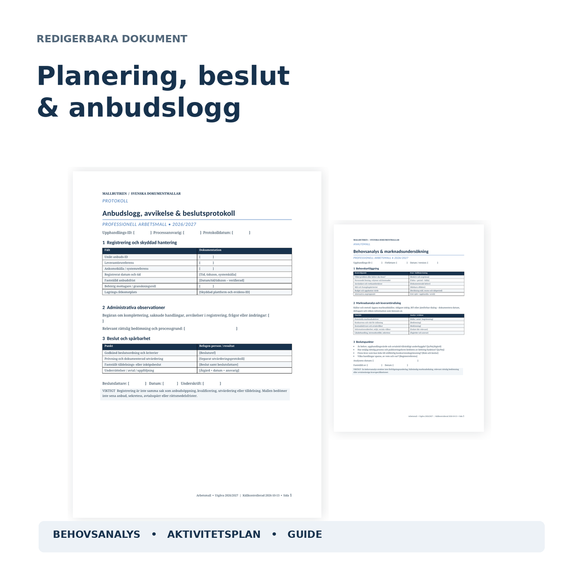 Upphandlingsplan, behovsanalys och anbudslogg som redigerbara Word- och PDF-mallar