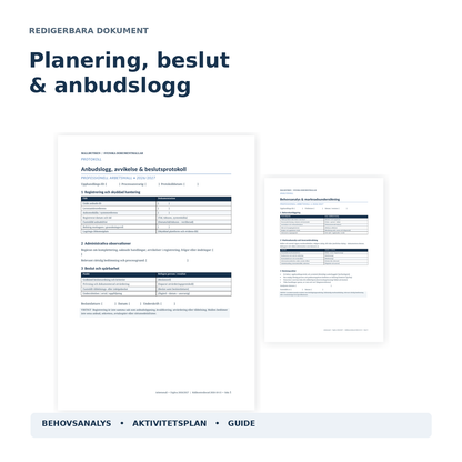 Upphandlingsplan, behovsanalys och anbudslogg som redigerbara Word- och PDF-mallar