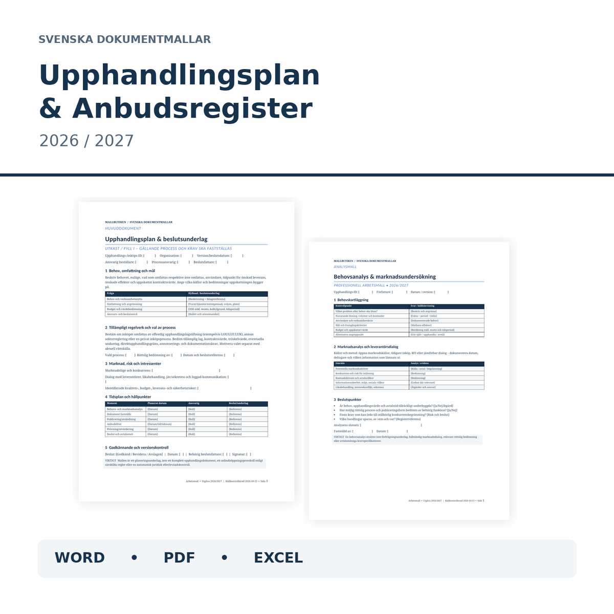 Upphandlingsplan och Anbudsregister 2026 2027 med Word PDF Excel dokumentpaket