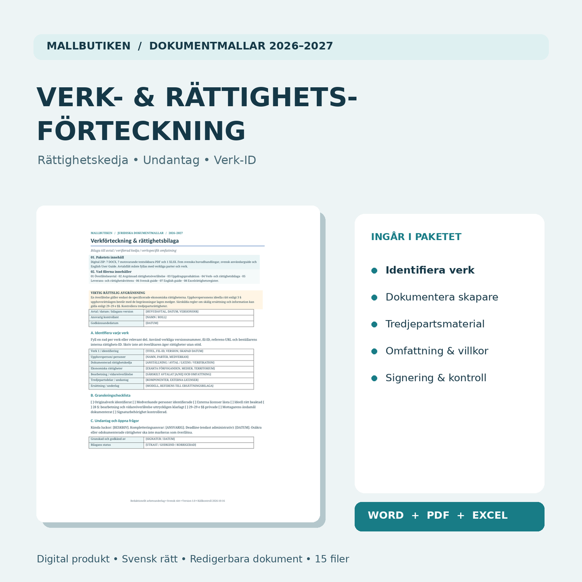 Verkförteckning och rättighetsbilaga i Word och PDF – upphovsrätt, rättighetskedja och tredjepartsmaterial
