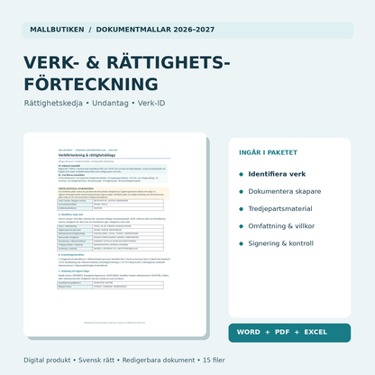 Verkförteckning och rättighetsbilaga i Word och PDF – upphovsrätt, rättighetskedja och tredjepartsmaterial