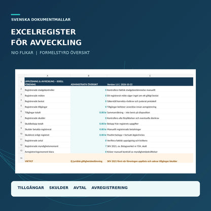 Excelregister med nio flikar för tillgångar, skulder, avtal, möten och avregistrering av ideell förening
