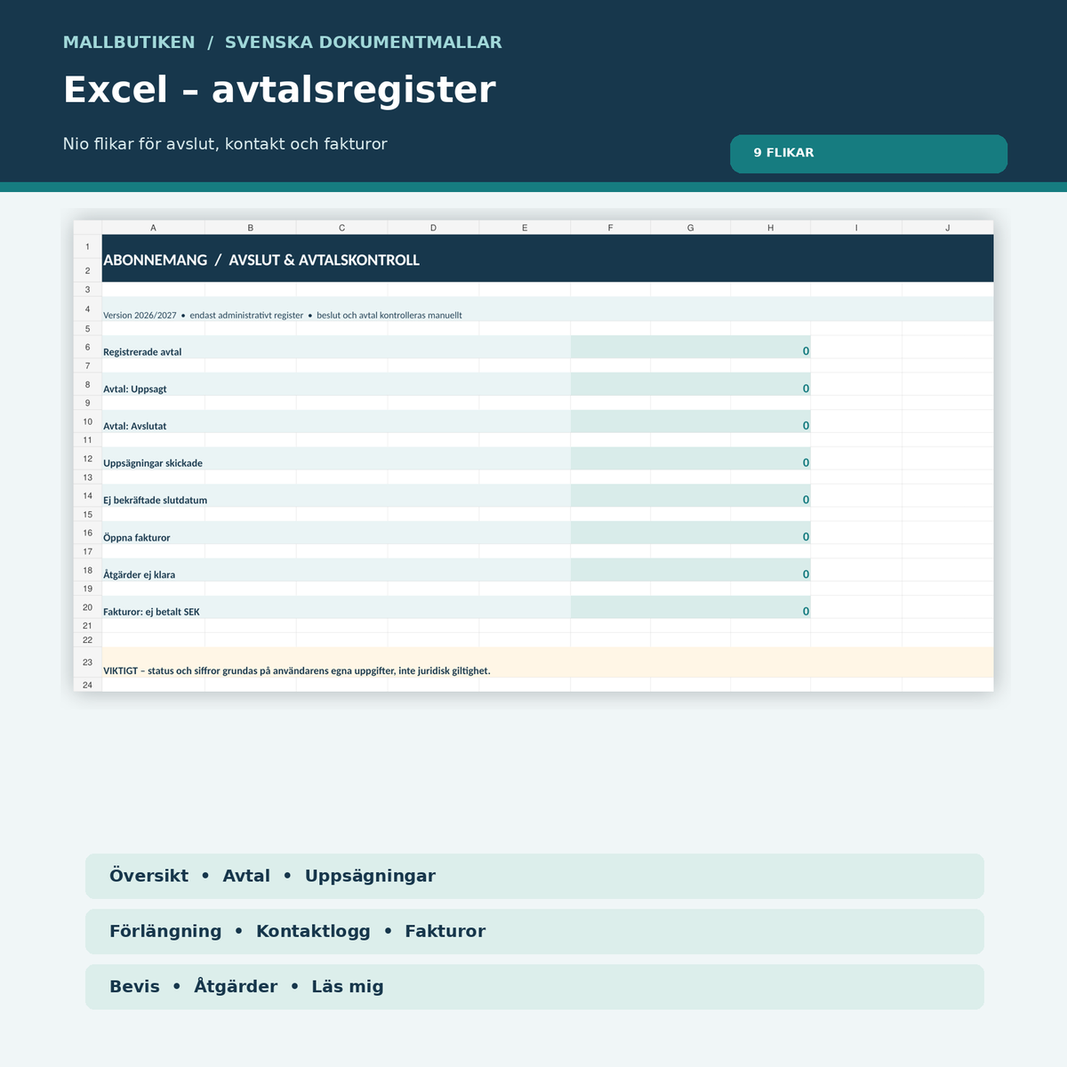 Excel register med nio flikar för prenumerationer, avtalsöversikt och uppsägningsbevakning